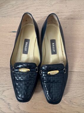 Bally Vanessa Woven Leather Loafers in black basket-weave leather
